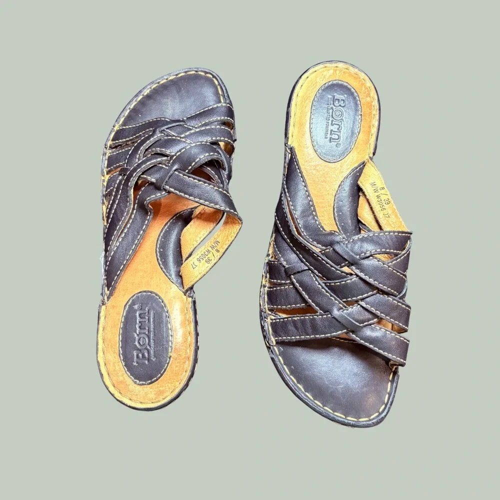 Born Womens W3056 Black Leather Strappy Wedge Slide Sandals‎ Size 8 EU 39